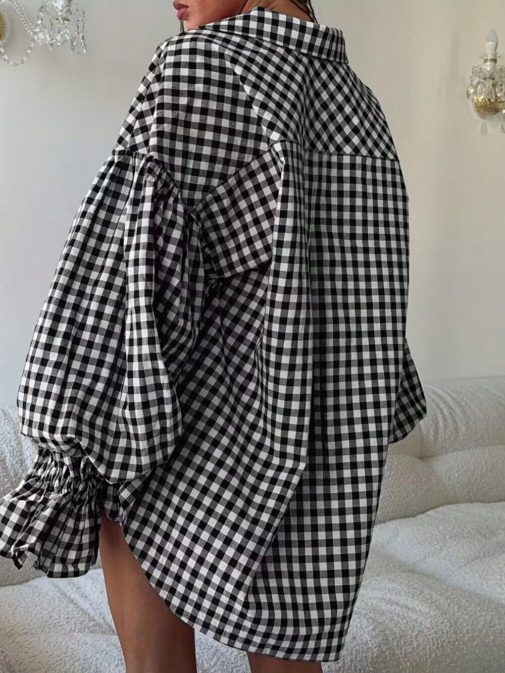 Black And White Casual Women's Plaid Long Sleeve Shirt With Pockets And Buttons
